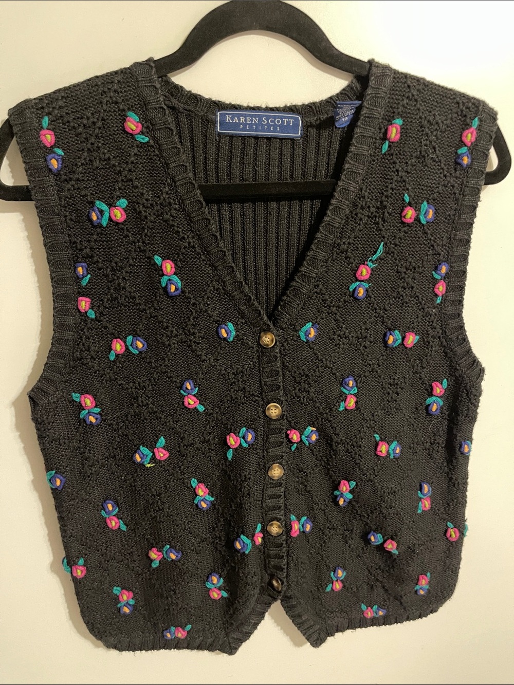 Vintage Karen Scott Cottagecore Embroidered Black Floral Vest Button-up Size PM